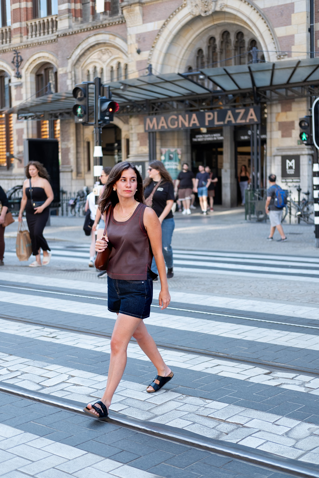Brown top with red stitching